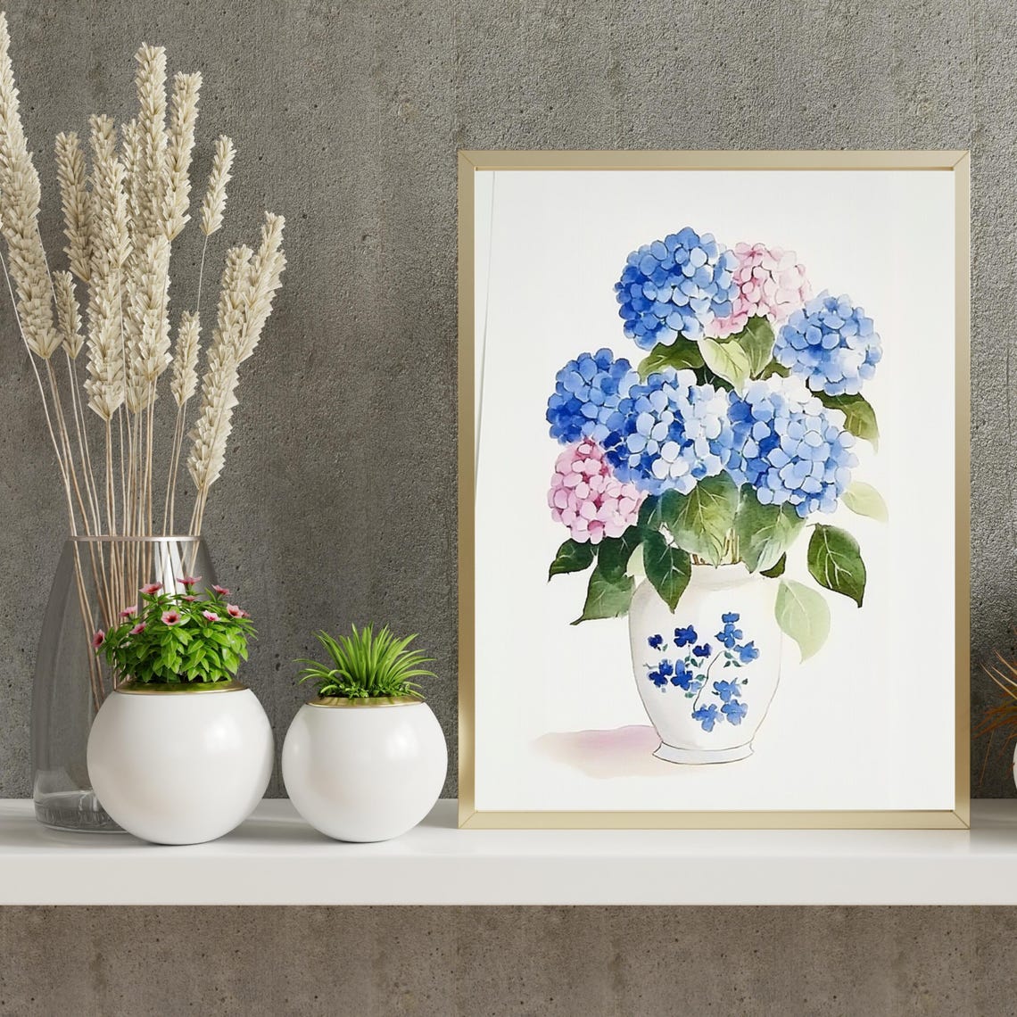 Blue And Pink Hydrangeas White Vase Watercolor Floral Poster - Image 6