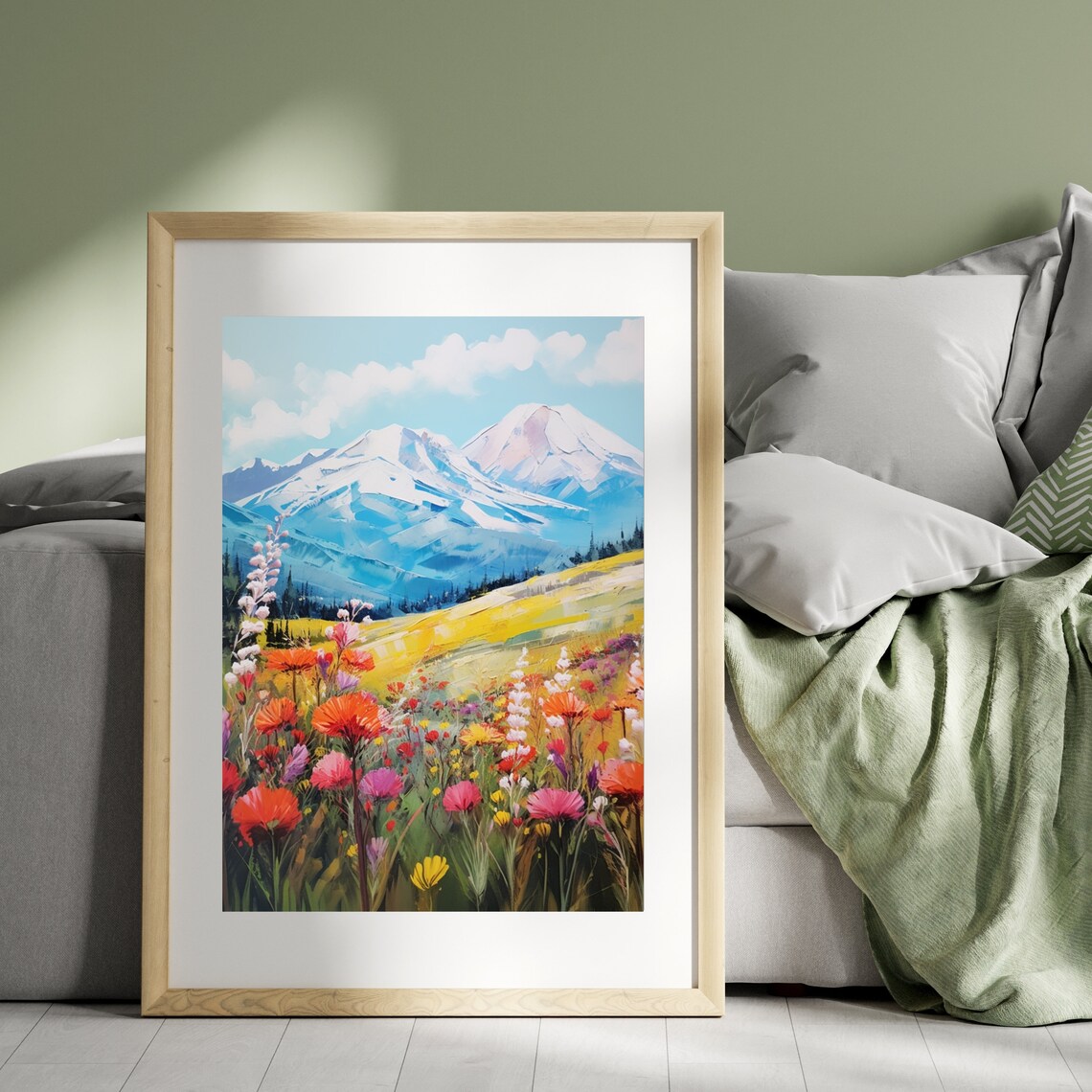 Vibrant Snowy Mountain Peaks Red Wildflowers Alpine Meadow Poster - Image 5