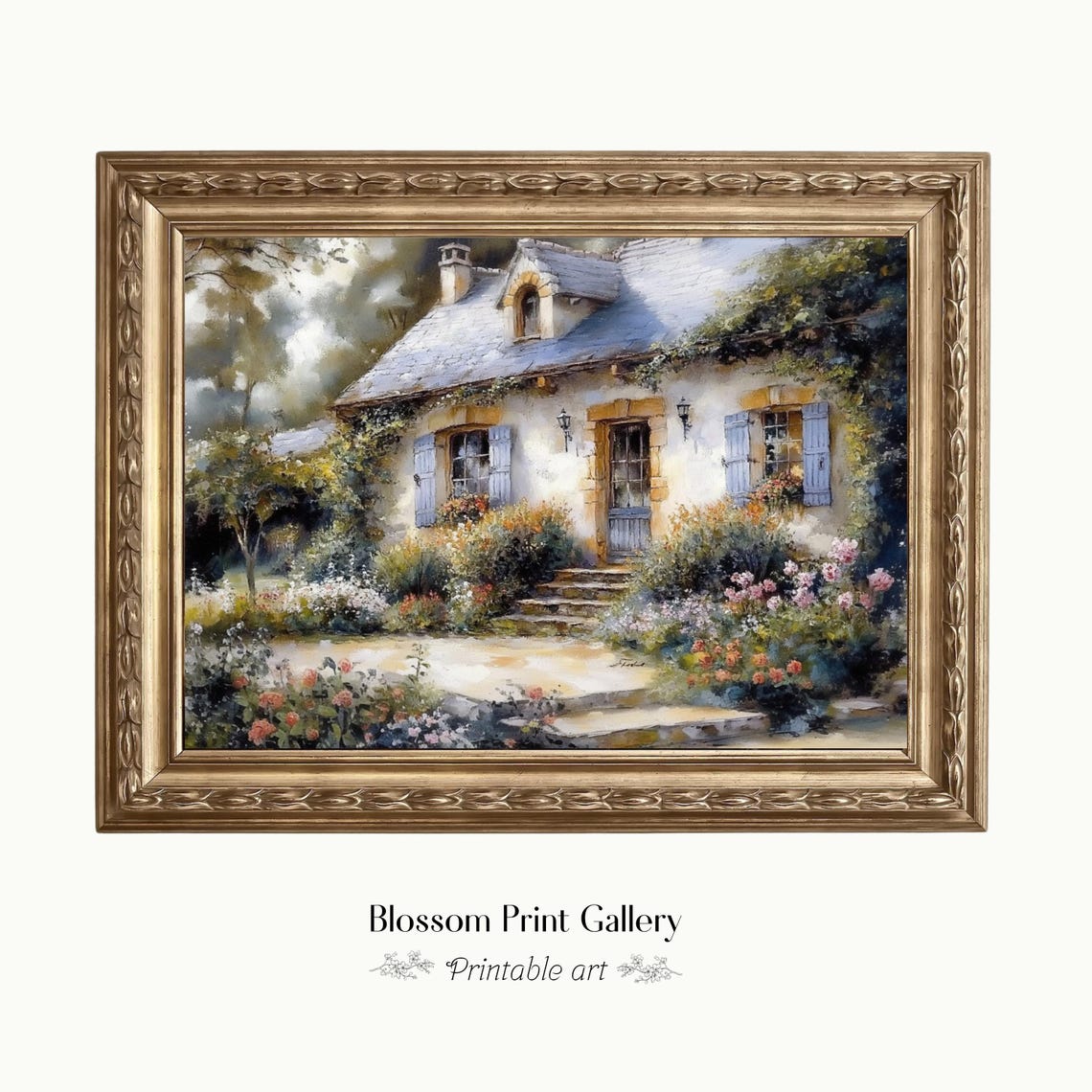 Vintage English Cottage Oil Painting Flower Garden Art Cottage Garden Print Spring Print Rustic Farmhouse Cottagecore Art 985