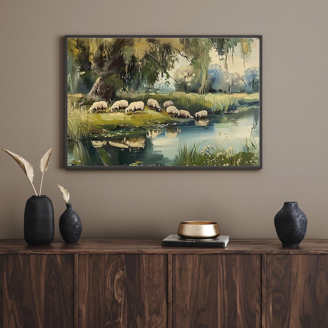 Peaceful Sheep Grazing By Pond Pastoral Oil Landscape Poster - Image 5