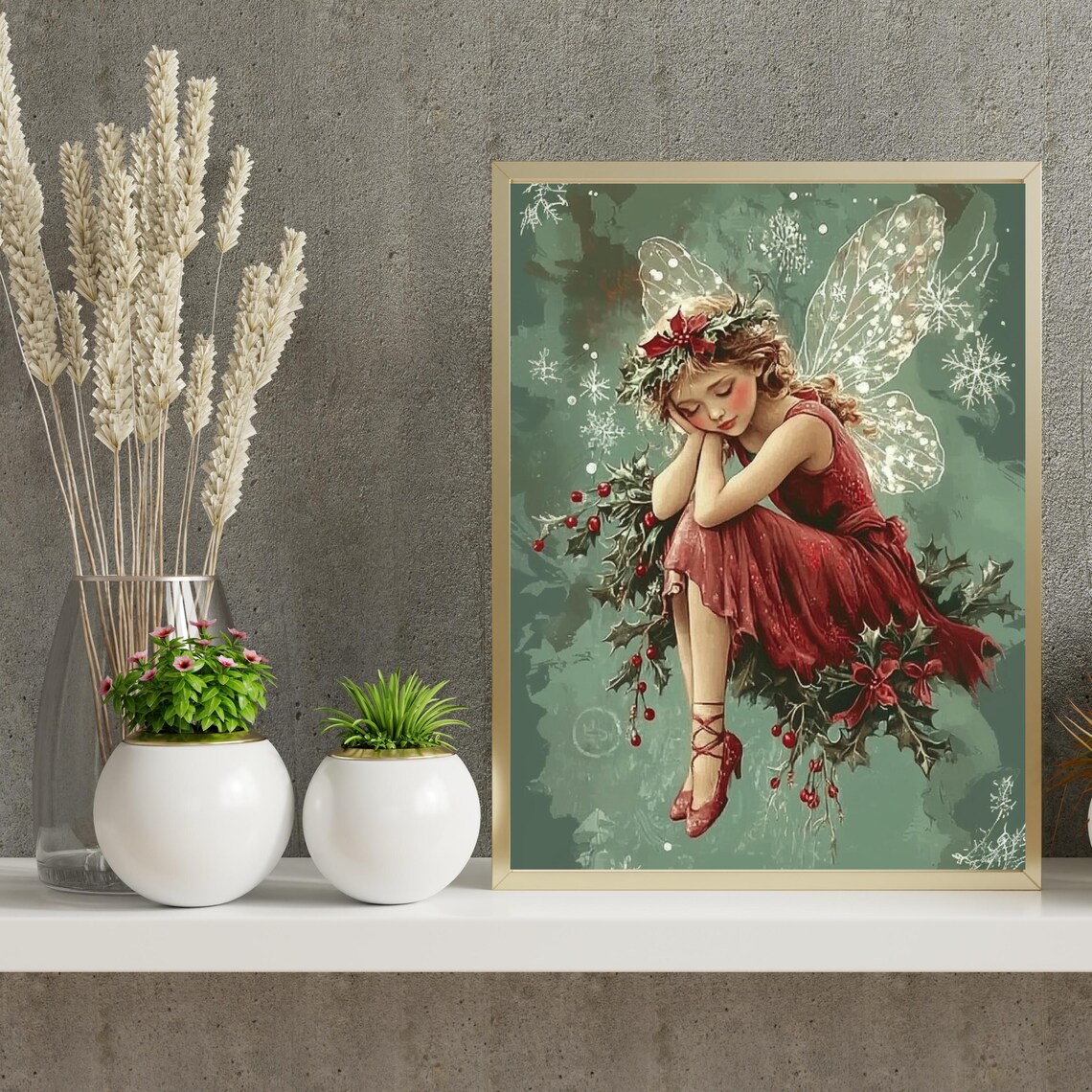 Christmas Holly Fairy With Snowflakes Vintage Winter Painting Poster - Image 6