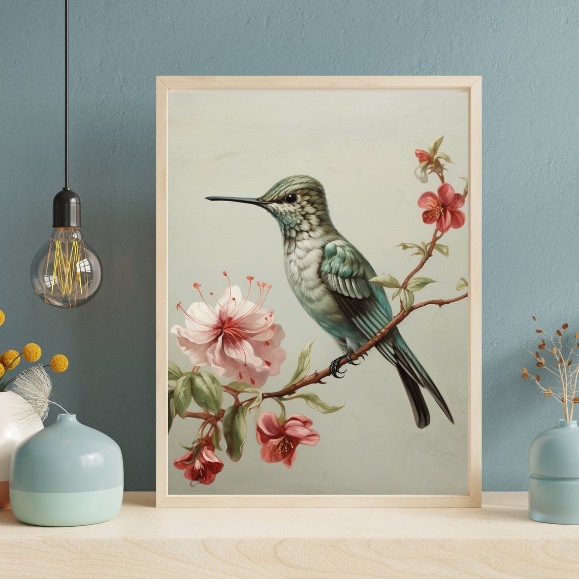 Green Hummingbird Perched on a Blossom Branch Vintage Bird Wall Art - Image 3