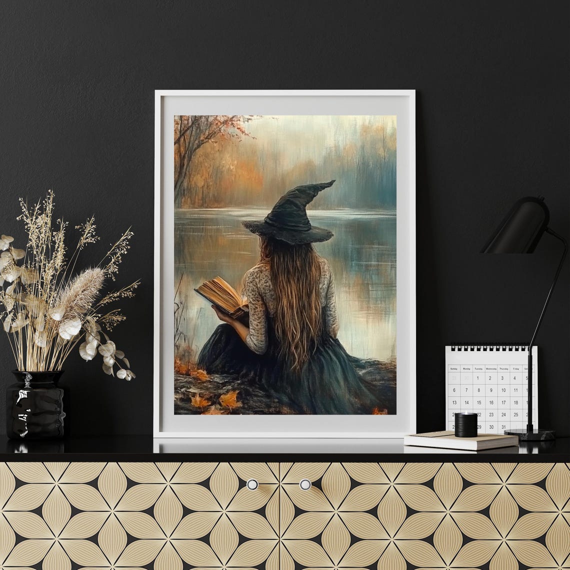 Witch Reading Her Book by Misty Autumn Lake Halloween Poster - Image 4