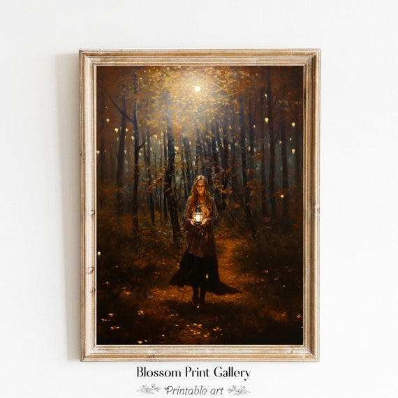 Rustic Fall Decor Woman Fall Night Forest Painting Fall Art Moody Vintage Dark Academia Painting Thanksgiving Decor 199