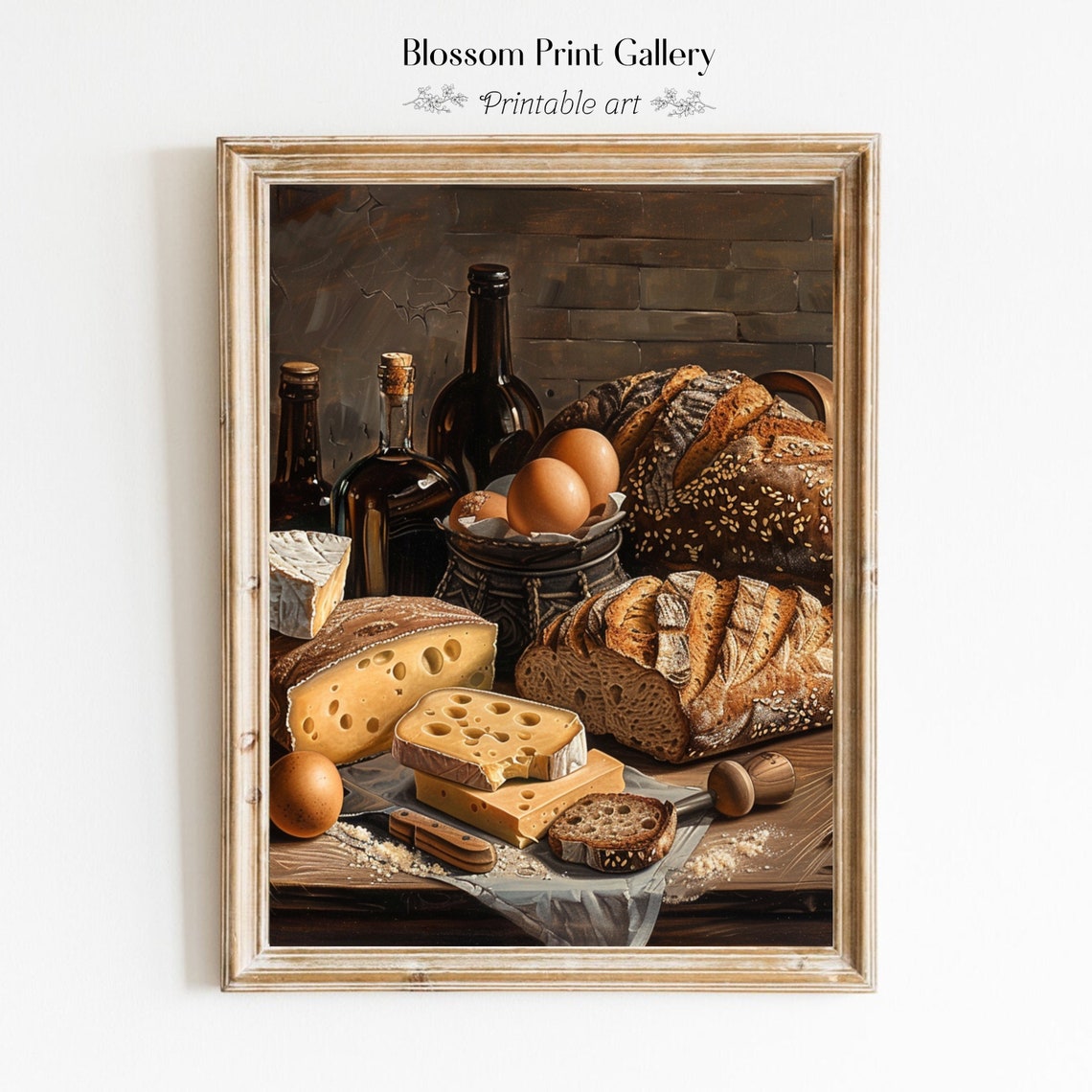 Hearty Rustic Bread Cheese Eggs And Wine Still Life Kitchen Poster