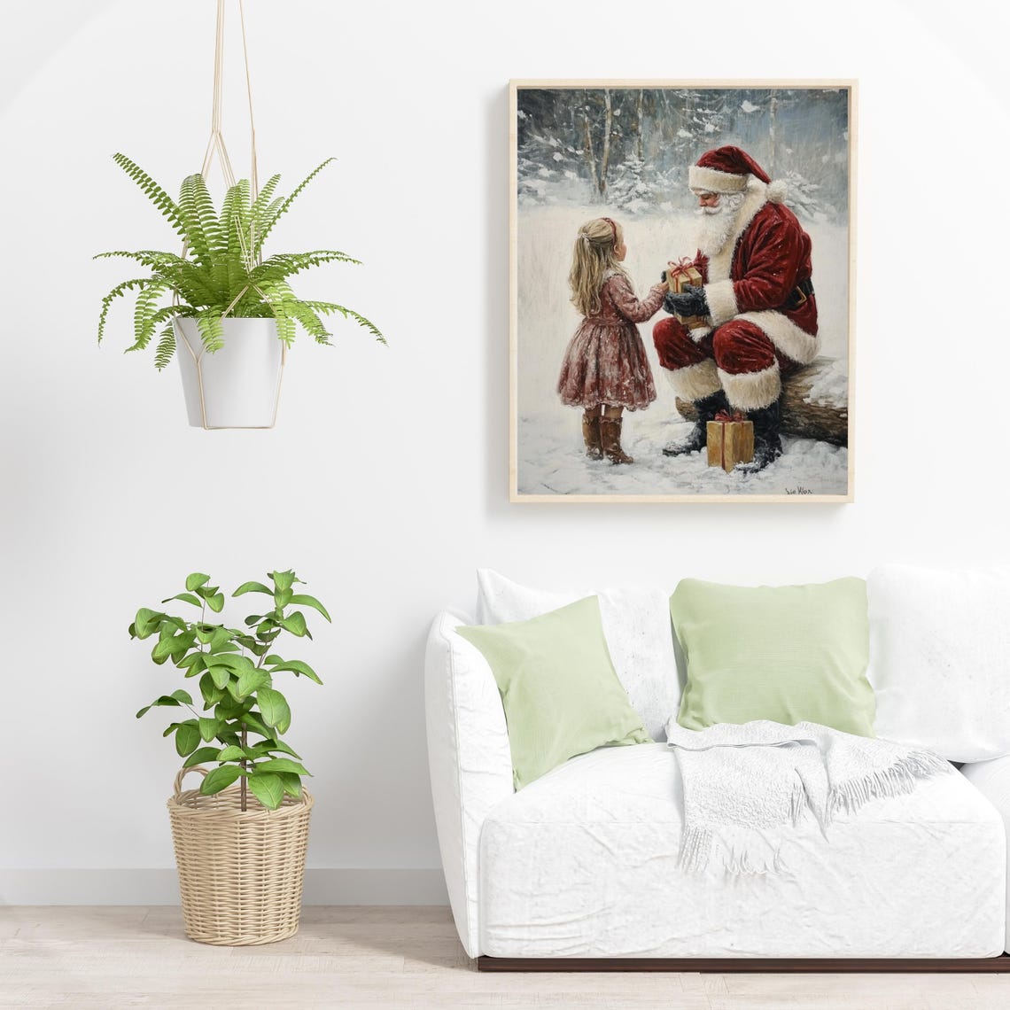 Vintage Santa Claus Christmas Wall Art Santa And Little Girl In Forest Painting Rustic Winter Art Christmas Holiday Poster 808 - Image 5