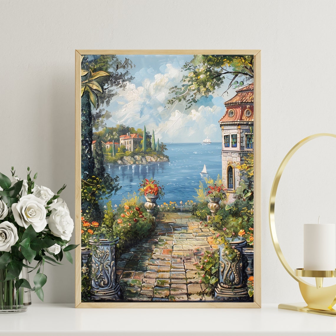 Mediterranean Terrace Overlooking Blue Sea Villa Painting Poster - Image 5