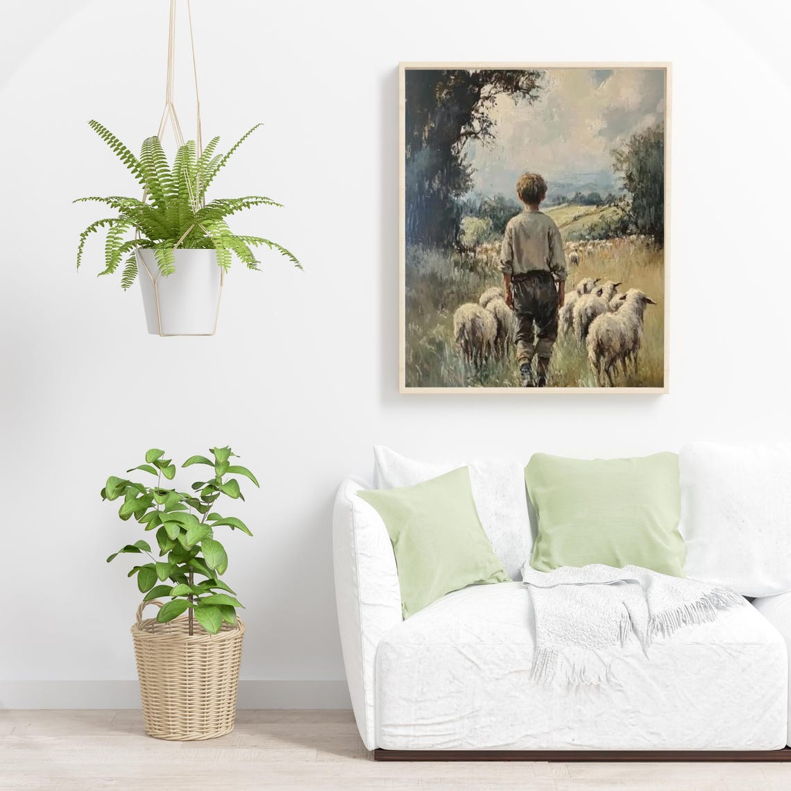 Young Shepherd Boy Leading Sheep Pastoral Countryside Painting Poster - Image 3