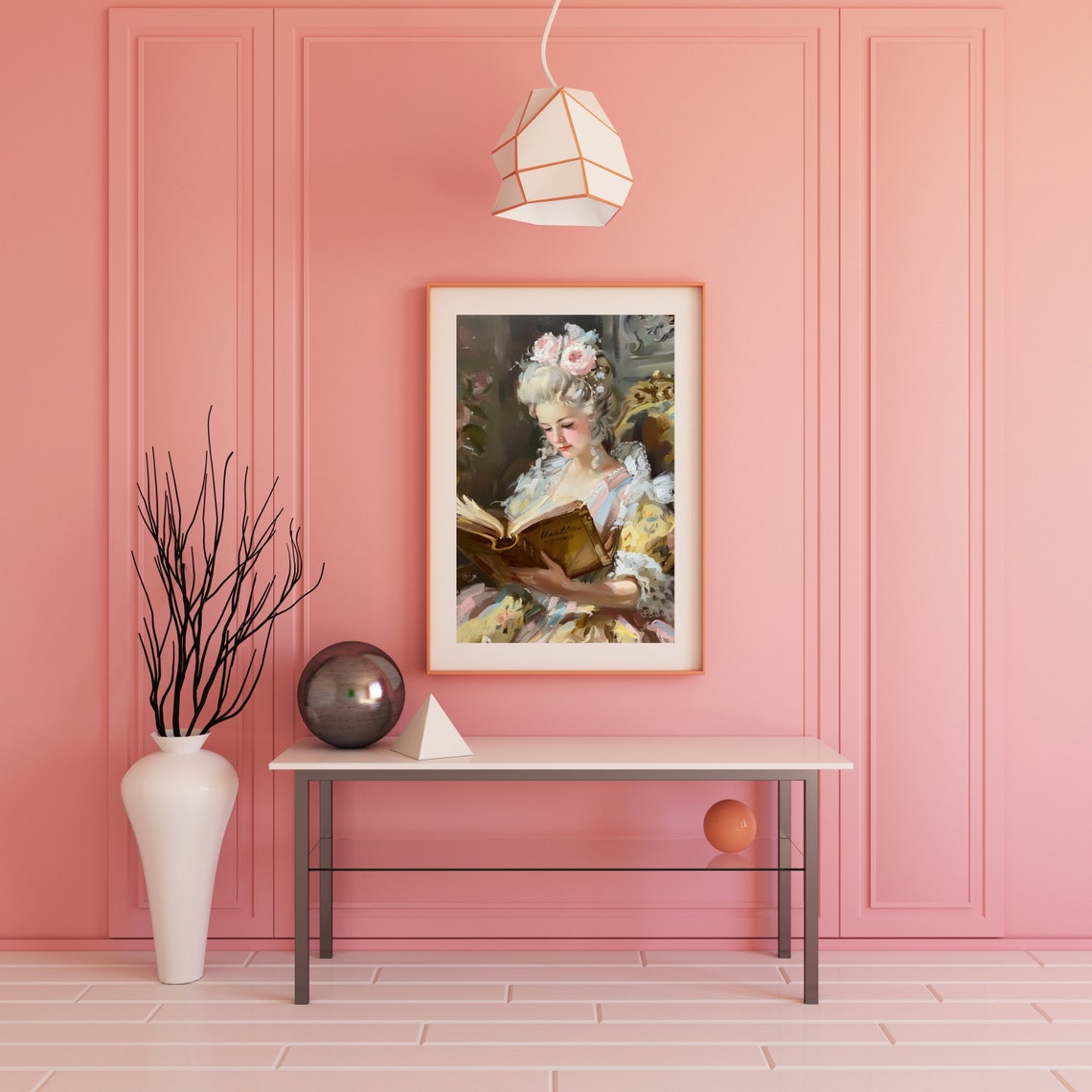 Rococo Lady Reading A Book Pink Pastel Floral Portrait Art Poster - Image 4