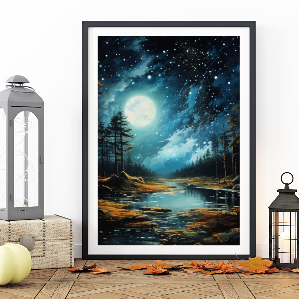 Starry Night Sky over a Moonlit River Forest Landscape Poster - Image 5