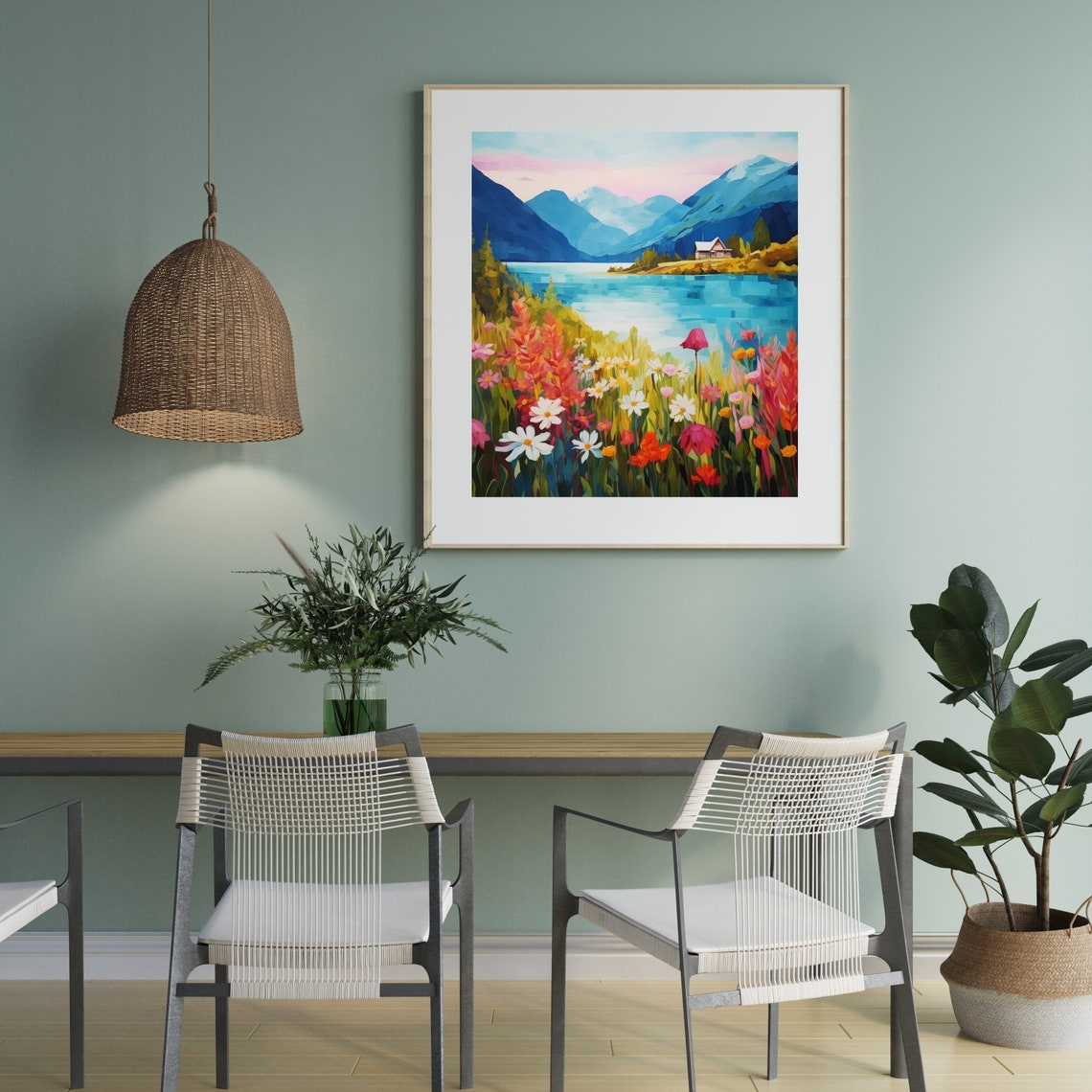Bright Alpine Lake Cabin Wildflower Meadow Mountain Summer Poster - Image 6