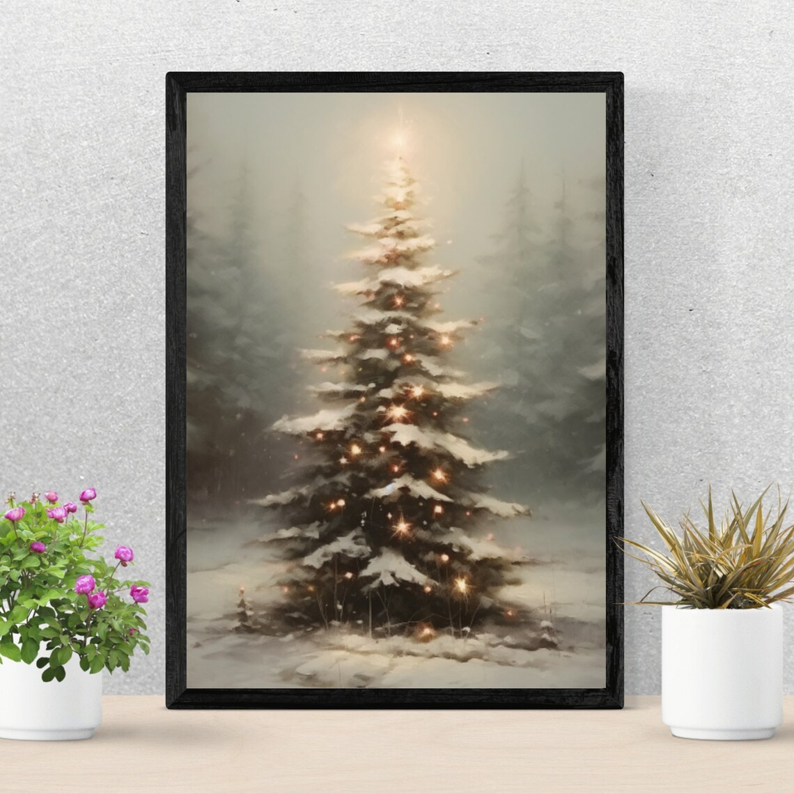 Glowing Snowy Christmas Tree in Misty Winter Forest Painting Poster - Image 4