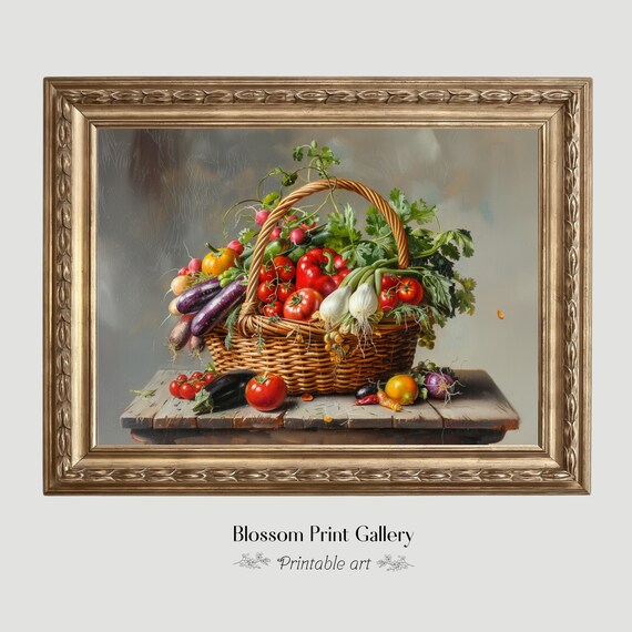 Vegetables Still Life Painting Rustic Farmhouse Print Vintage Decor Oil Painting Country Kitchen Farmhouse Decor Cottagecore 486