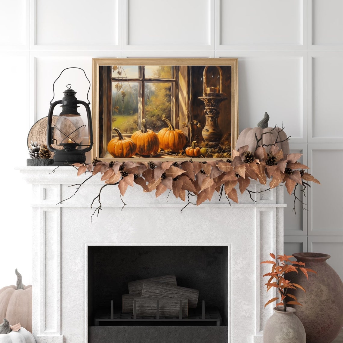Pumpkins On Autumn Windowsill With Lantern Golden Fall Poster - Image 4