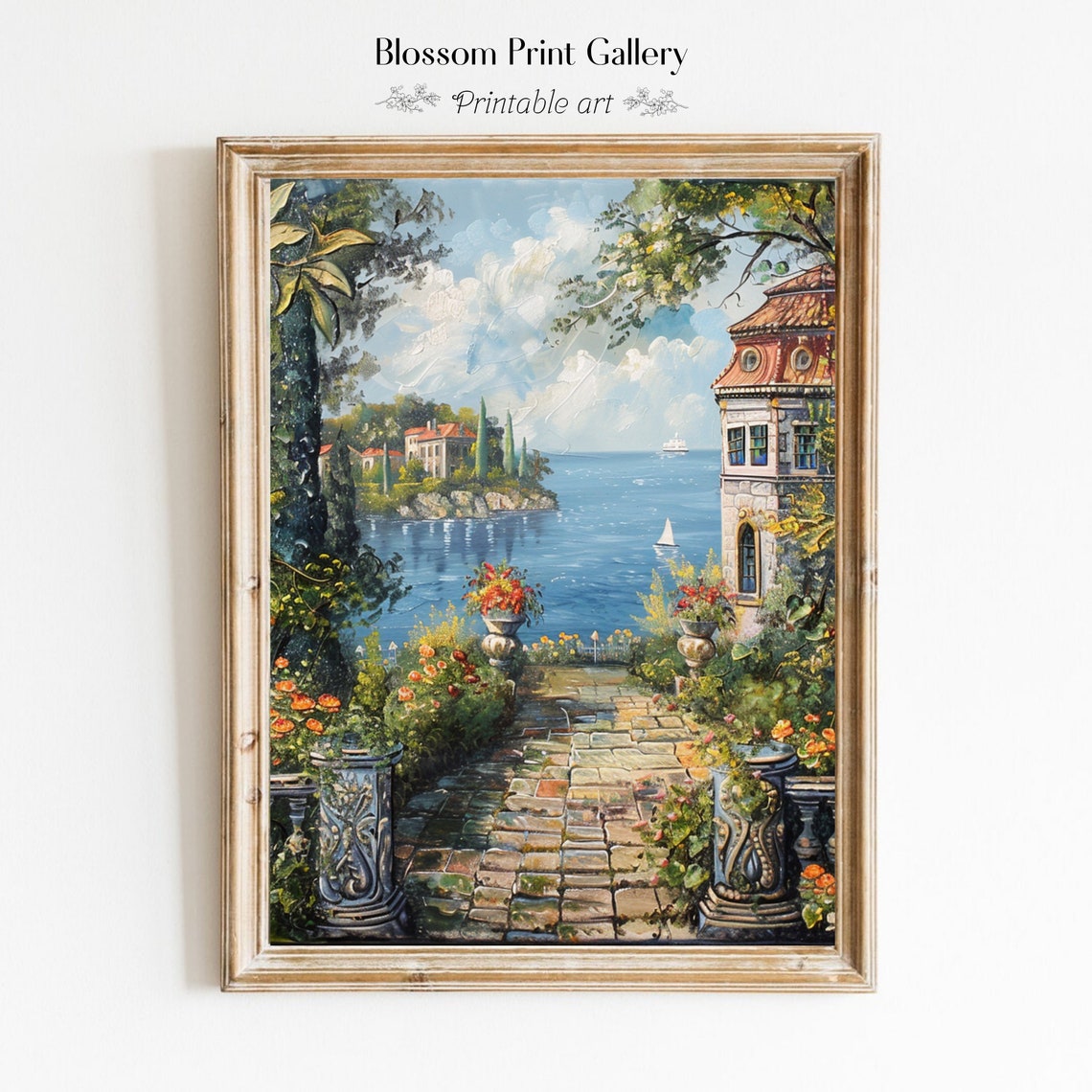 Mediterranean Terrace Overlooking Blue Sea Villa Painting Poster