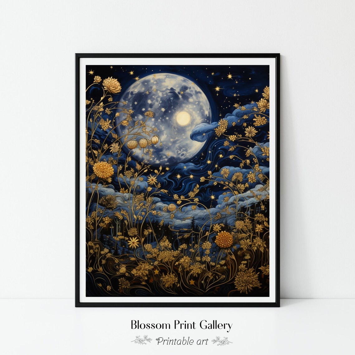 Enchanted Night Sky with Full Moon and Golden Flowers Poster