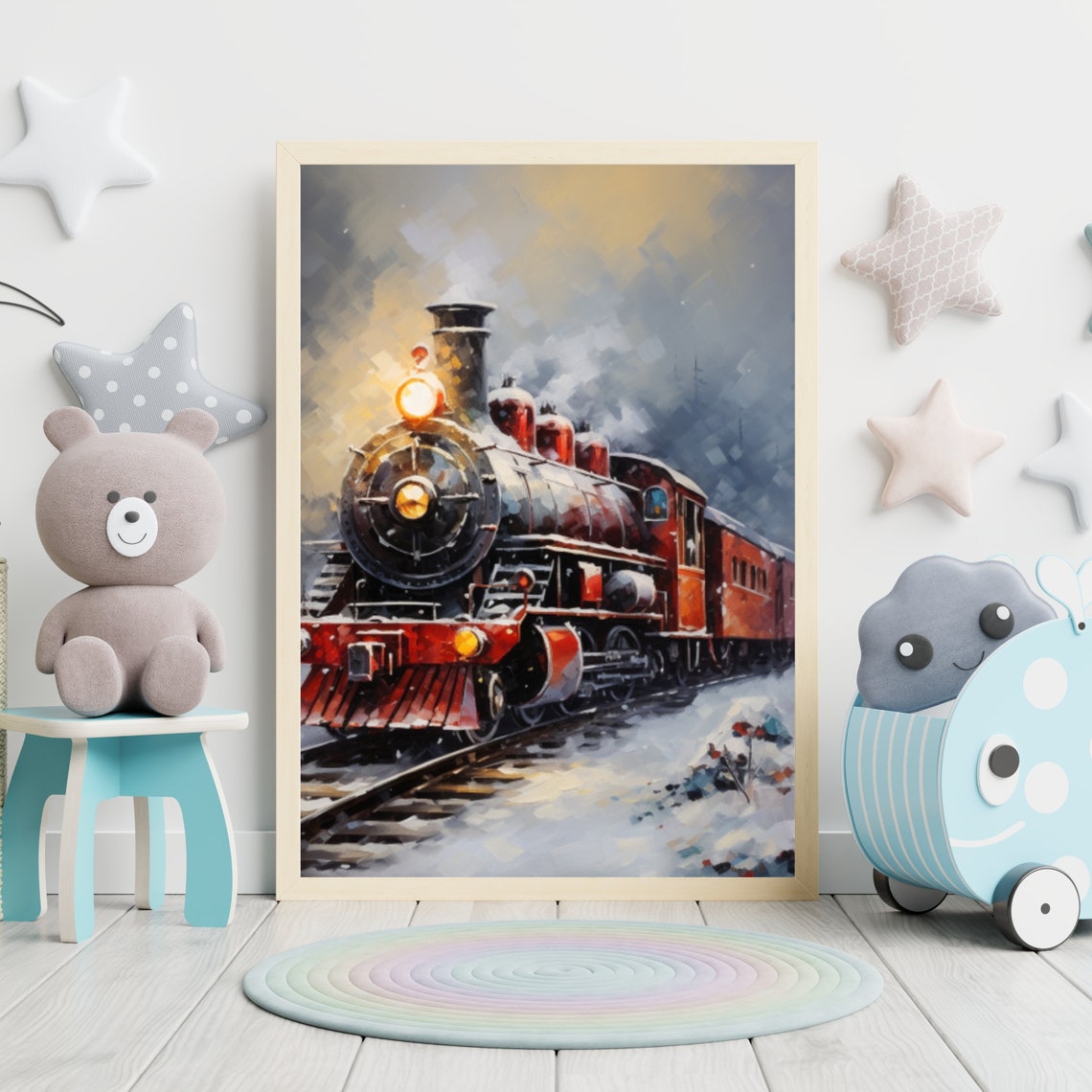 Red Steam Locomotive In Snowfall Vintage Train Painting Poster - Image 6