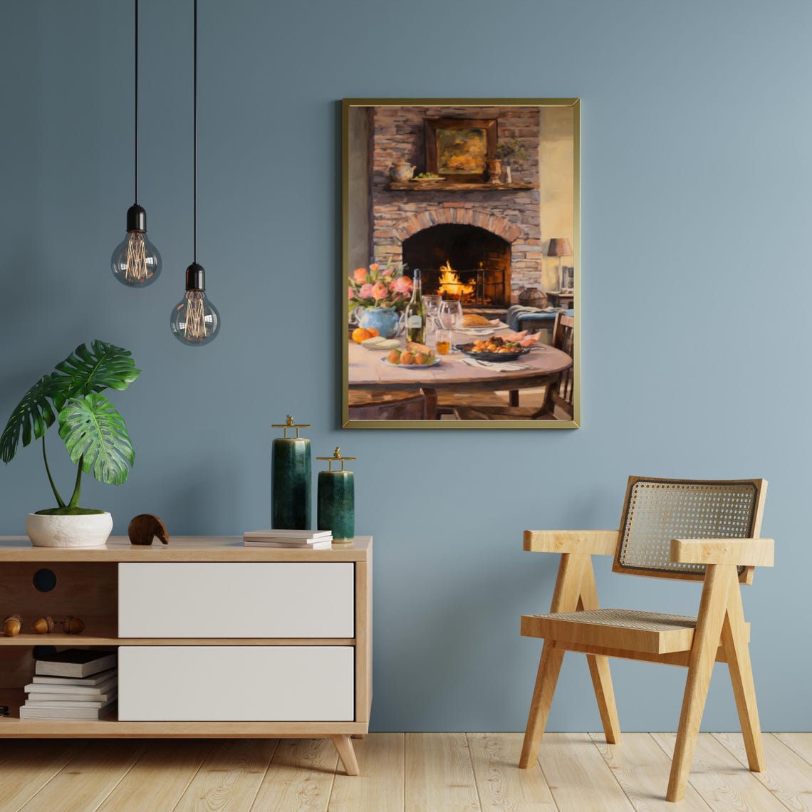 Cozy Dining Table Set Before Crackling Stone Fireplace Poster - Image 5