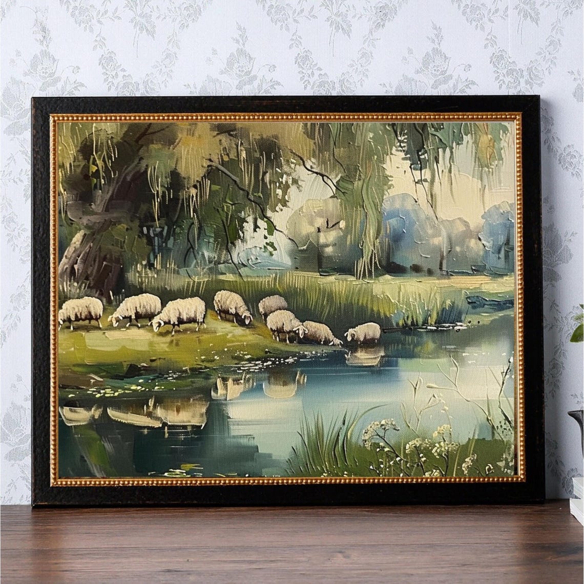 Peaceful Sheep Grazing By Pond Pastoral Oil Landscape Poster - Image 3