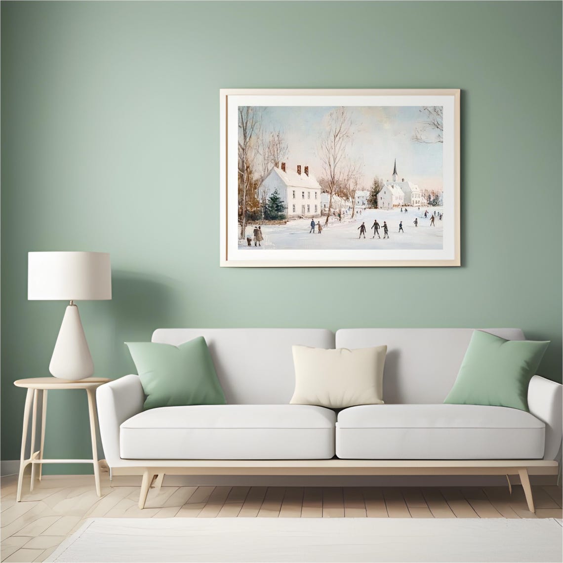 Snowy Village Church Ice Skaters On Frozen Pond Winter Scene Poster - Image 5