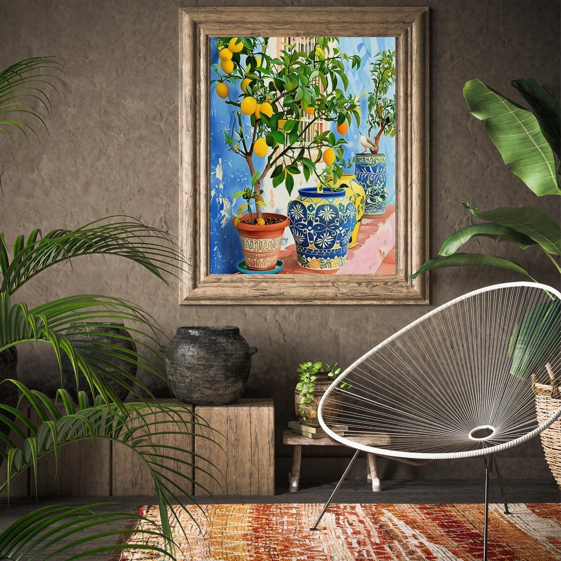 Potted Lemon Trees Blue Ceramic Pots Mediterranean Citrus Art Poster - Image 2