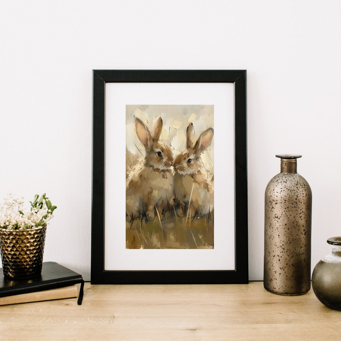 Two Cute Rabbits in Grass Impressionist Bunny Painting Nursery Poster - Image 2