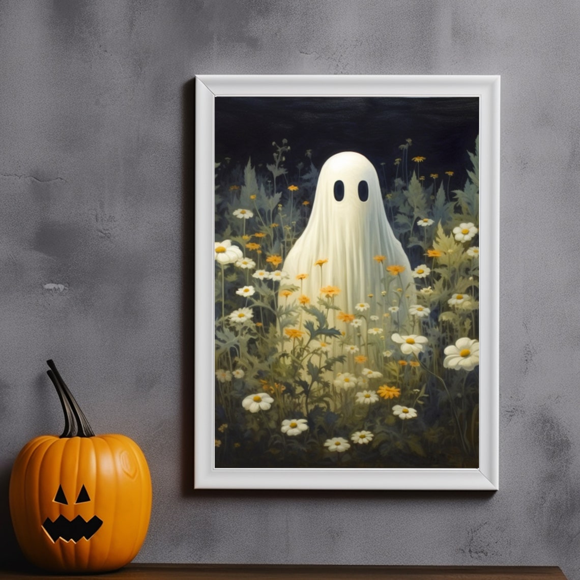 Cute Ghost In Wildflower Meadow At Night Spooky Floral Poster - Image 3