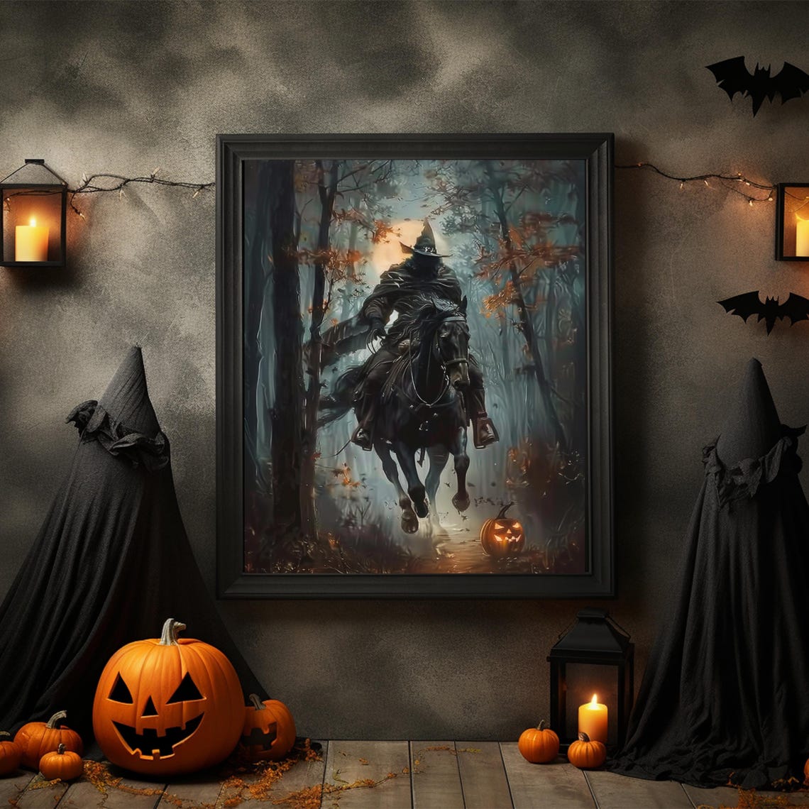 Headless Horseman Halloween Night Haunted Forest Painting Poster - Image 3