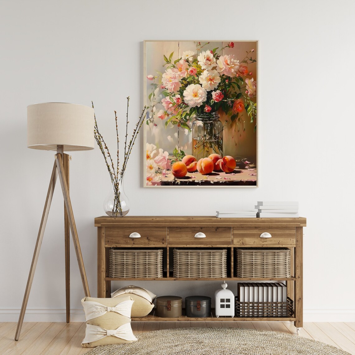Blush Peonies and Roses in Glass Jar with Peaches Painting Poster - Image 5