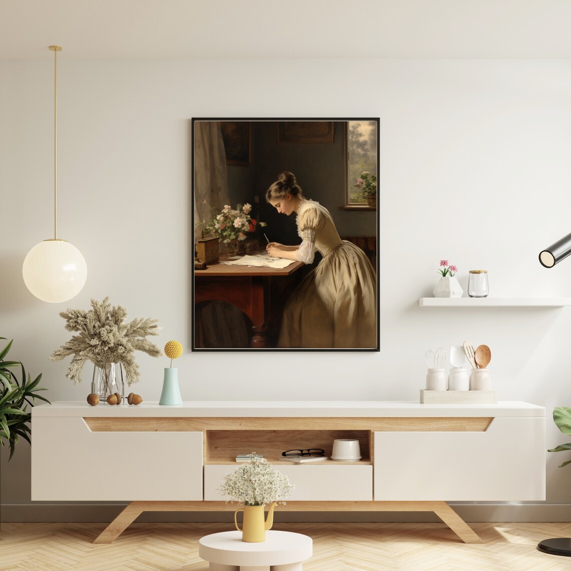 Vintage Woman Writing Letter at Desk by Window Antique Oil Painting Poster - Image 2