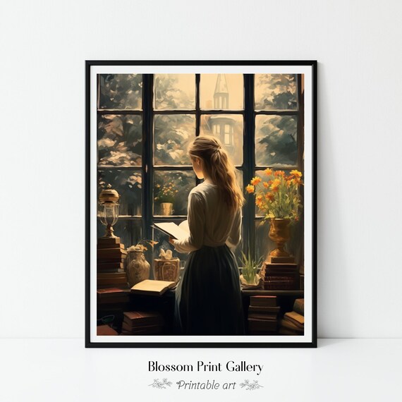 Girl Reading At Grand Window With Books Vintage Dark Art Poster