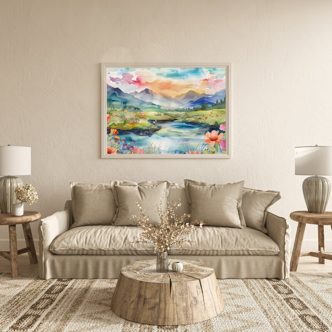 Watercolor Lake With Wildflowers And Mountains At Pastel Sunrise Print - Image 4