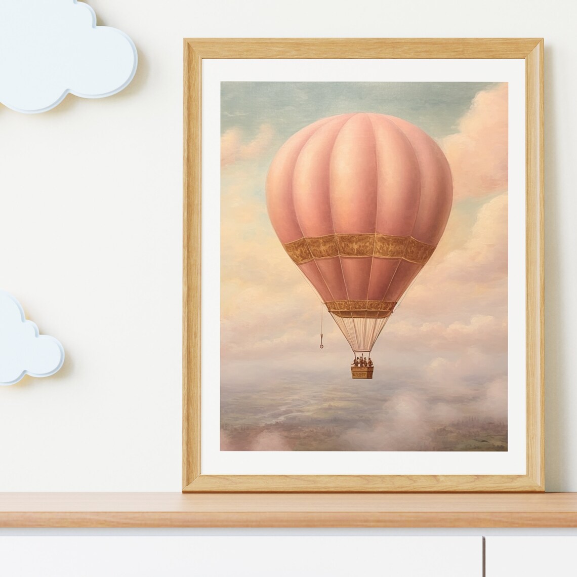 Pink Vintage Hot Air Balloon in Pastel Clouds Painting Poster - Image 5