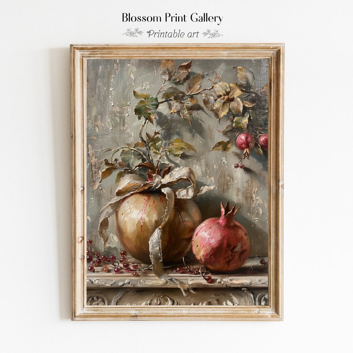 Pomegranate And Cherry Still Life Vintage Fruit Painting Poster