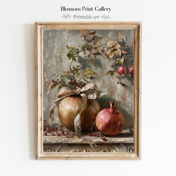 Moody Pomegranate Painting Vintage Fruit Still Life Kitchen Home Decor Antique Oil Painting Country Kitchen Wall Art 521