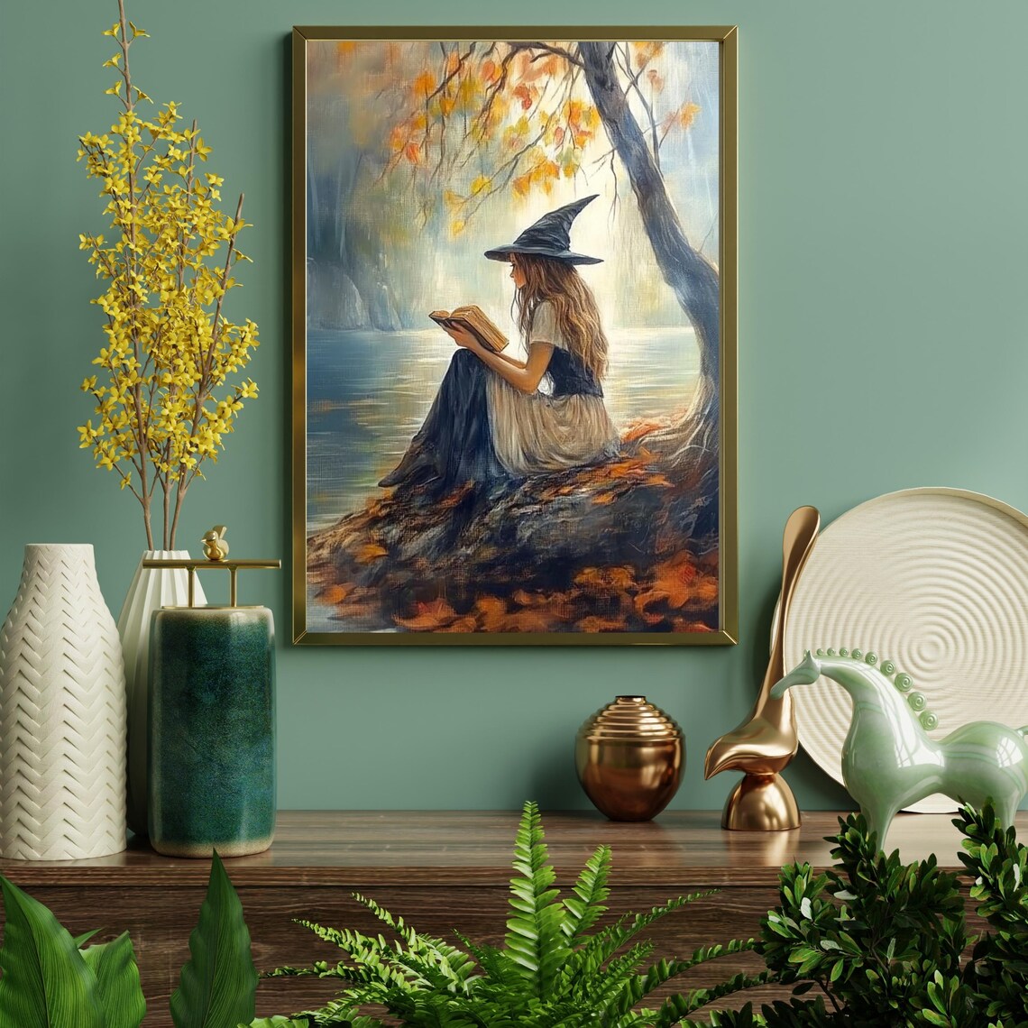 Witch Reading Book By Autumn Lake Vintage Halloween Cottagecore Art Print - Image 6