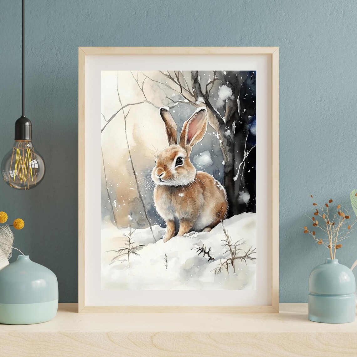 Winter Bunny Rabbit In Snowy Forest Rustic Watercolor Portrait Poster - Image 4