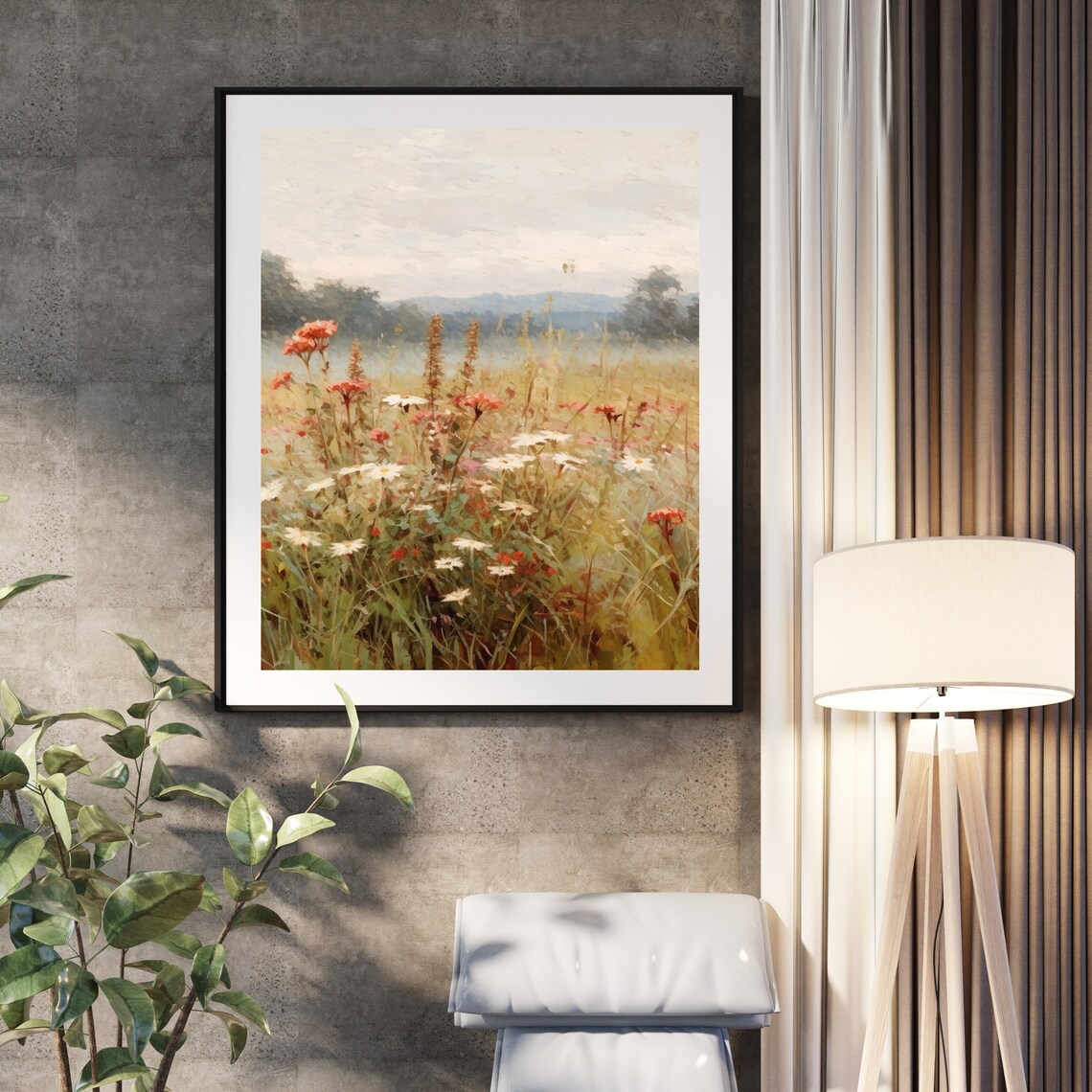 Soft Wildflower Meadow Daisies Neutral Calm Floral Landscape Poster - Image 4