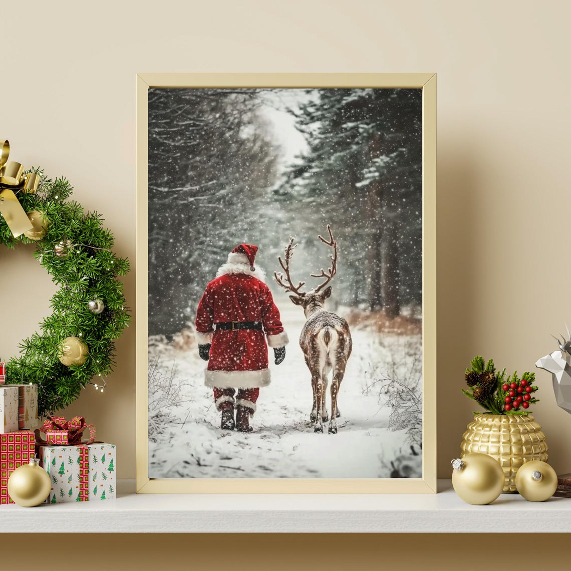 Santa Claus Walking Reindeer Snowy Forest Christmas Art Poster - Image 2