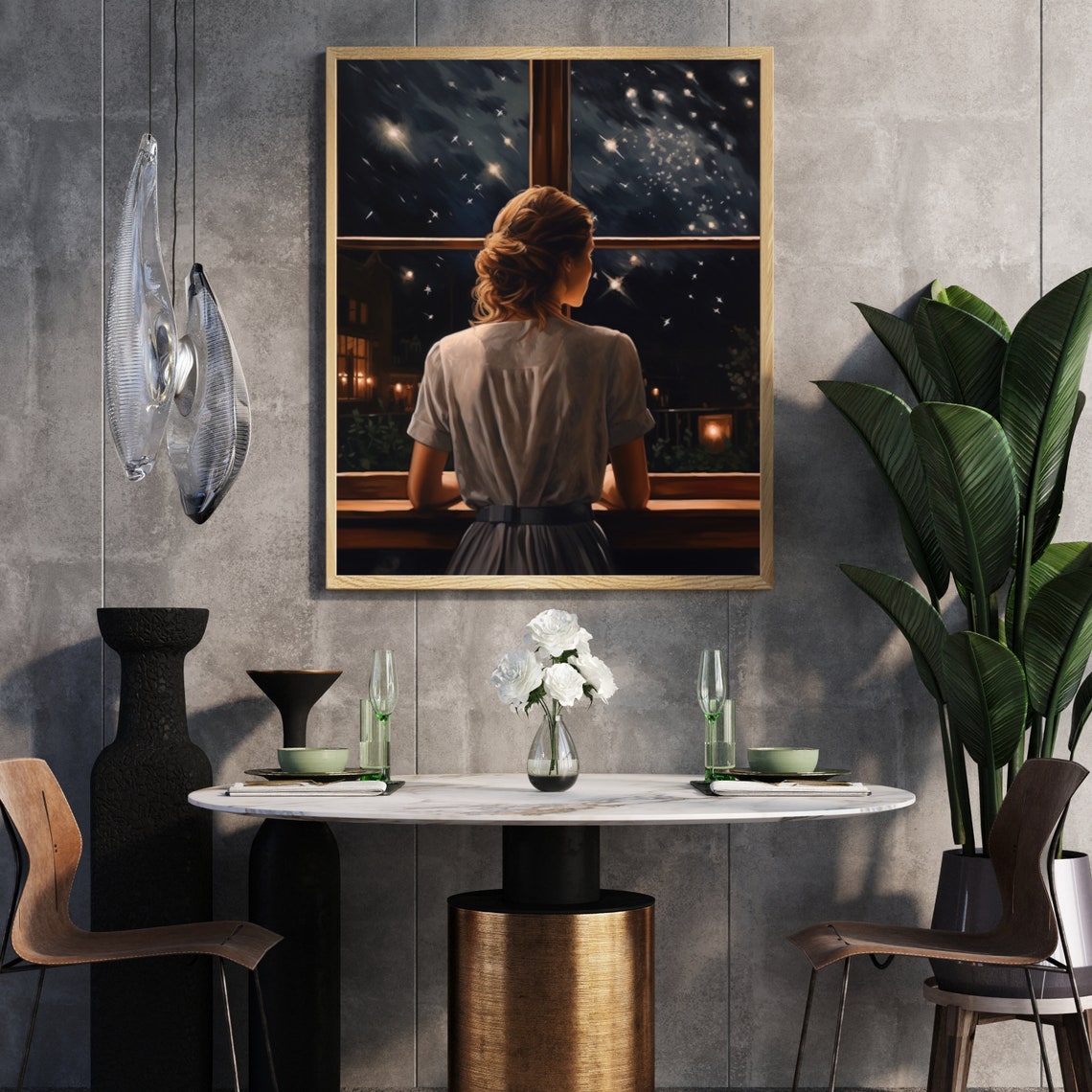 Woman Gazing Through Window At Starry Night Sky Moody Poster - Image 6