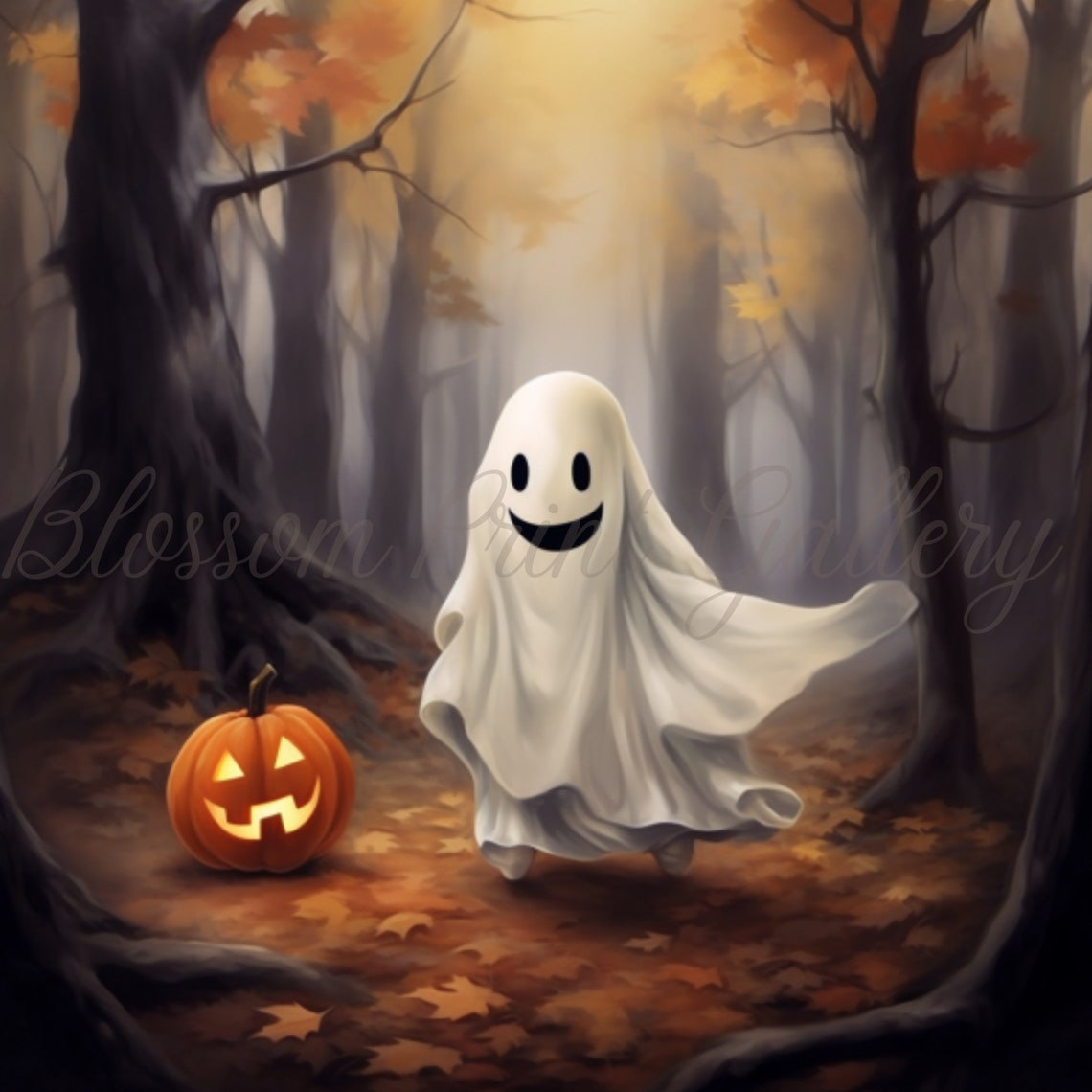Smiling Ghost With A Jack O Lantern In A Misty Autumn Forest Poster - Image 3