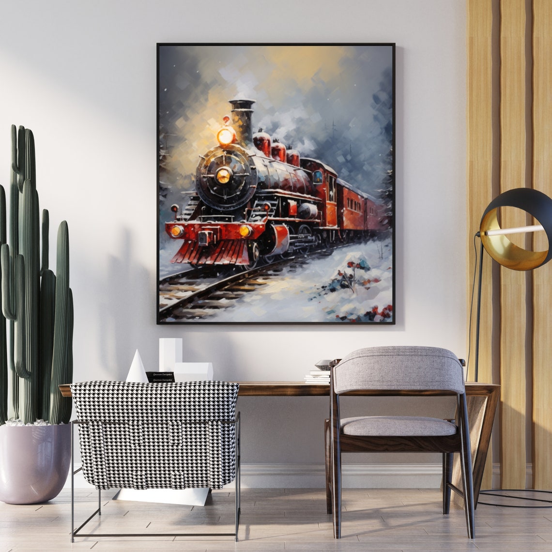Red Steam Locomotive In Snowfall Vintage Train Painting Poster - Image 5