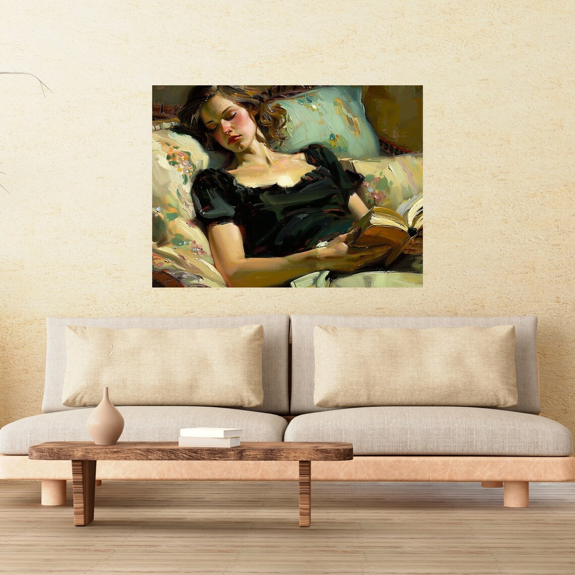 Young Woman Reading Book On Floral Chaise Vintage Oil Poster - Image 2