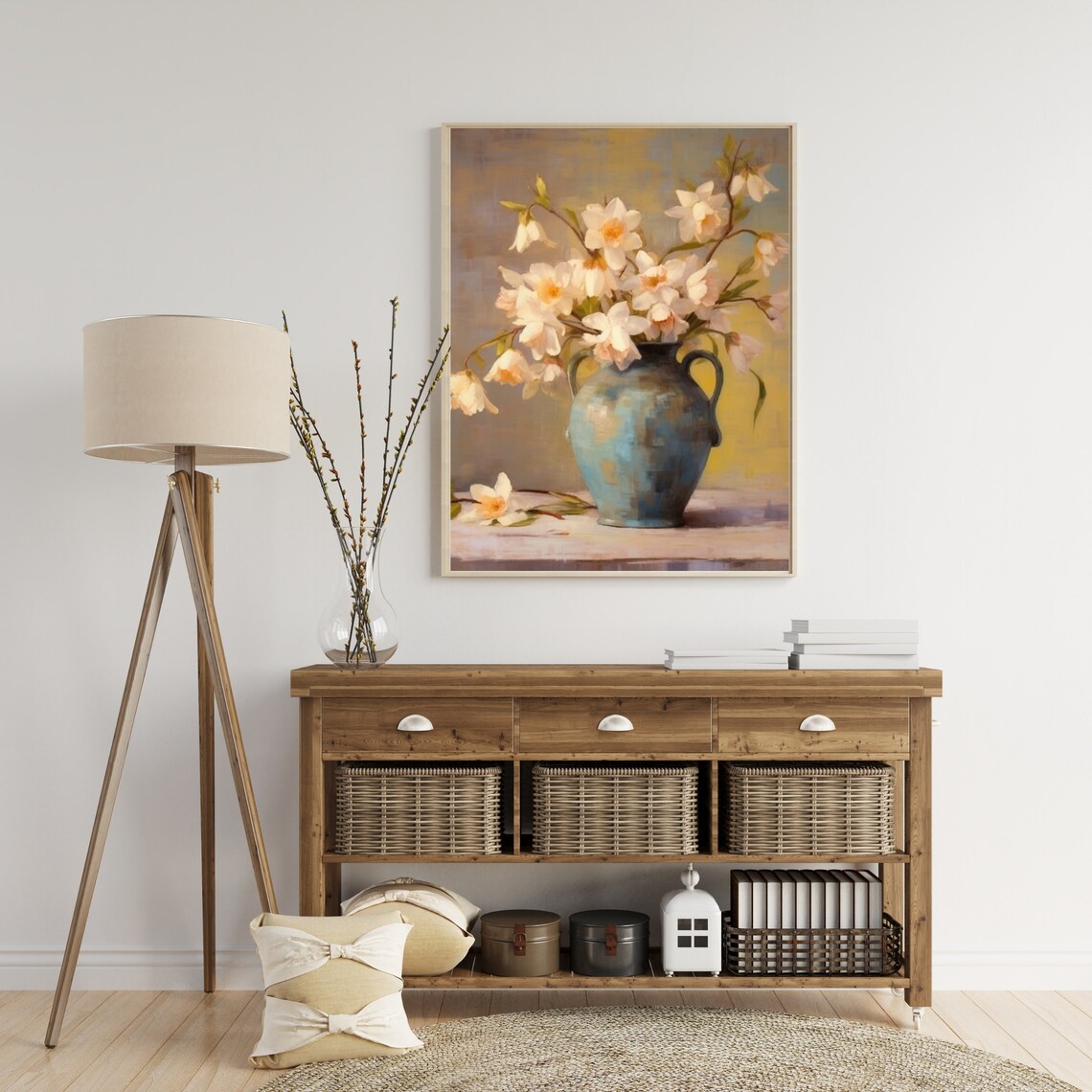 White Daffodils in Blue Vase Vintage Still Life Floral Oil Painting Poster - Image 3