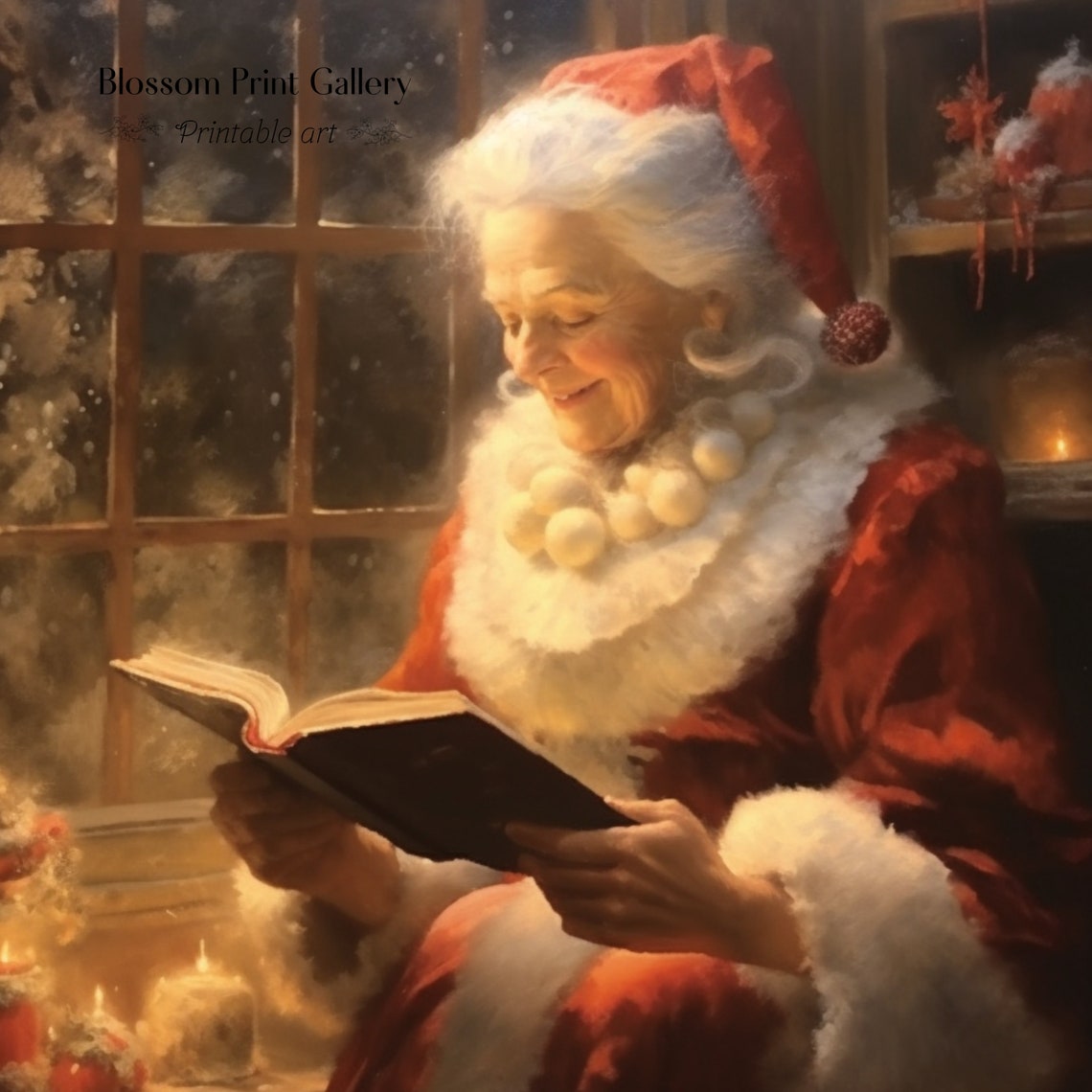 Mrs Claus Reading Book Candlelit Christmas Window Painting Poster - Image 3