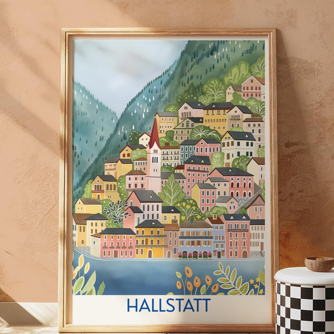 Hallstatt Austria Lakeside Village Alps Illustrated Travel Poster