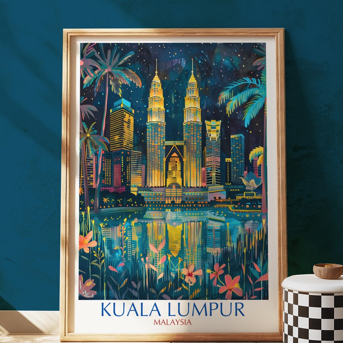 Kuala Lumpur Malaysia Night Skyline Petronas Towers Neon Travel Poster