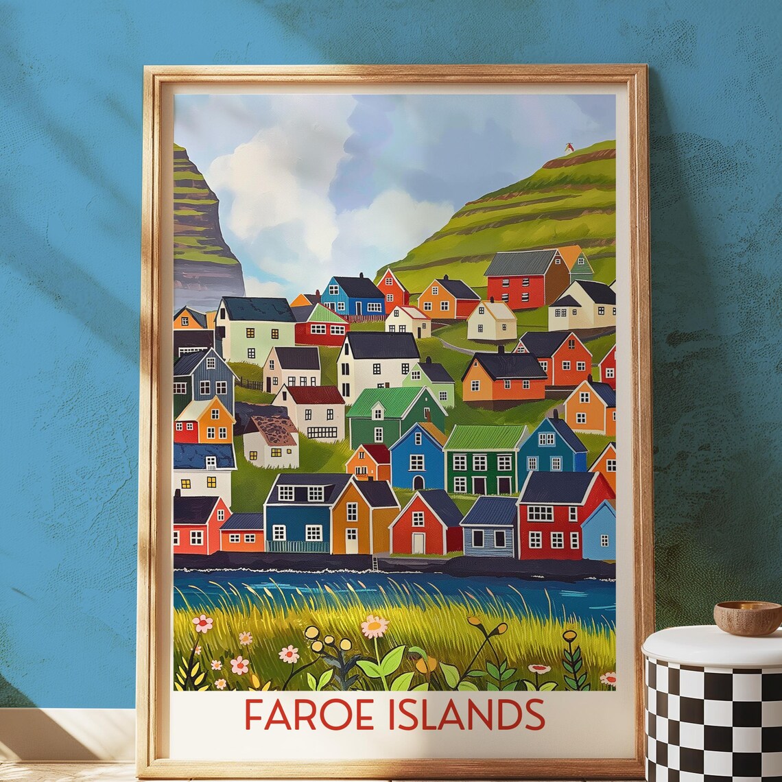Faroe Islands Colorful Village Green Hills Illustrated Travel Poster