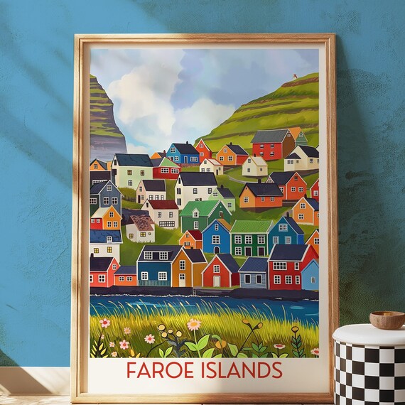 Faroe Islands Colorful Village Green Hills Illustrated Travel Poster