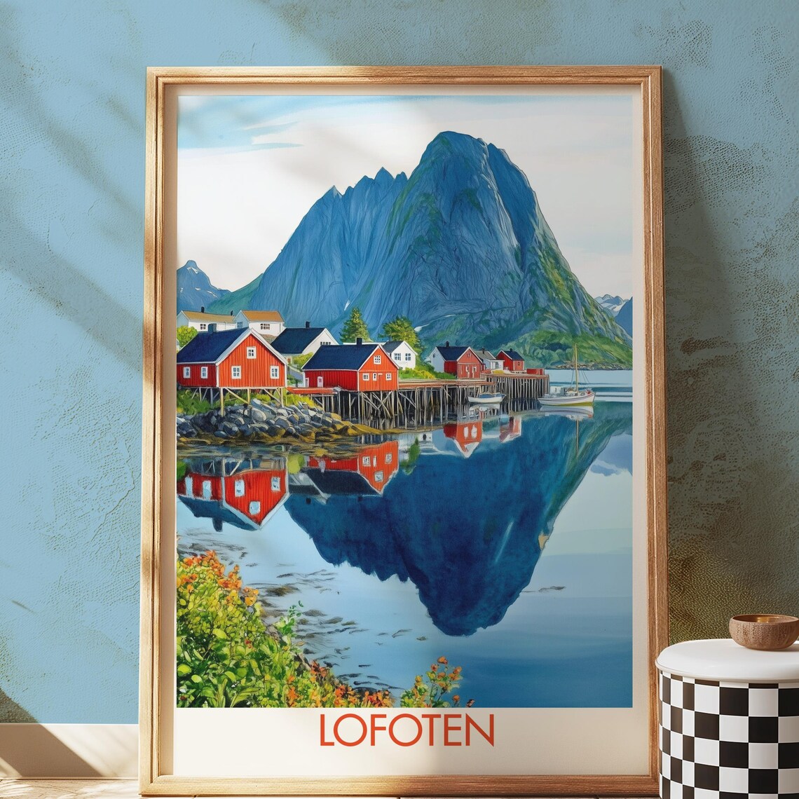 Lofoten Norway Red Rorbu Cabins Mountain Reflection Travel Poster